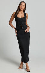 Elias Two Piece Set - Linen Square Neck Vest Top And Column Midi Skirt in Black