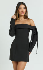 Eljay Mini Dress - Long Sleeve Off Shoulder Knot Detail Dress in Black