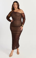 Ellen Midi Dress - Asymmetric Mesh Ruched Bodycon Dress in Brown