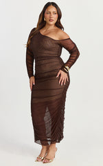 Ellen Midi Dress - Asymmetric Mesh Ruched Bodycon Dress in Brown