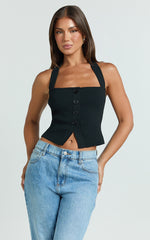Elsie Top - Halter Square Button Front Knit Top in Black