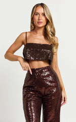 Elswyth Top - Strappy Sequin Crop Cami Top in Chocolate