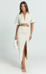 Enzo Two Piece Top and Skirt Set - Collared Faux Twist Shirt And Ruched Side Split Midi Skirt in Sand