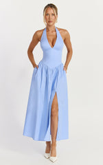 Etta Midi Dress - Plunge Fit And Flare Dress in Cornflower Blue