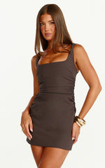 Eugenia Mini Dress - Square Neck Bodycon Dress in Chocolate