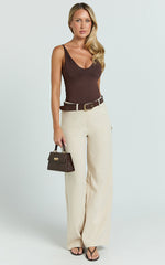 Evie Pants - Mid Rise Wide Leg Linen Blend Tailored Pants in Sand