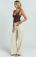 Evie Pants - Mid Rise Wide Leg Linen Blend Tailored Pants in Sand