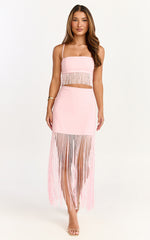 Evie Two Piece Top and Skirt Set - Fringed Micro Top And Tiered Fringed Mini Skirt in Pink