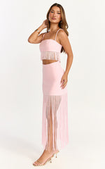 Evie Two Piece Top and Skirt Set - Fringed Micro Top And Tiered Fringed Mini Skirt in Pink