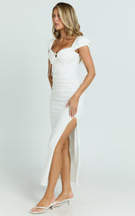 Farrow Midi Dress - Cap Sleeve Ruched Bust Fitted Dress in Off White