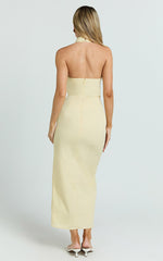 Finn Midi Dress - Folded Cowl Halter With Front Leg Split in Lemon