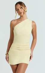Finn Mini Dress - One Shoulder Gathered Bodice Dress in Lemon