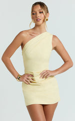 Finn Mini Dress - One Shoulder Gathered Bodice Dress in Lemon