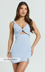 Finnley Mini Dress - Linen Twist Front Cut Out Dress in Baby Blue