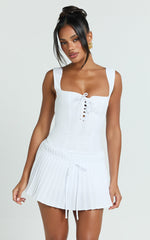 Fraida Mini Dress - Lace Front Dropped Waist Pleated Dress in White
