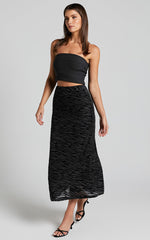 Frankie Midi Skirt - Burn Out Velvet High Waisted Slip Skirt in Black