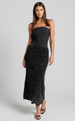 Frankie Midi Skirt - Burn Out Velvet High Waisted Slip Skirt in Black