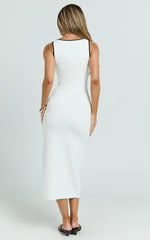 Gabby Midi Dress - Sweetheart Strapped Hardware Button Front Fitted Contrast Trim Knit Dress in Cream