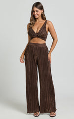 Gabby Two Piece Set - V Neck Twist Front Plisse Crop Top and High Waisted Plisse Relaxed Pants in Chocolate