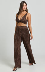 Gabby Two Piece Set - V Neck Twist Front Plisse Crop Top and High Waisted Plisse Relaxed Pants in Chocolate