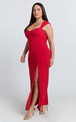 Gabrielle Midi Dress - Cap Sleeve Sweetheart Neck Bodycon Dress in Red