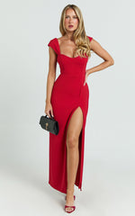 Gabrielle Midi Dress - Cap Sleeve Sweetheart Neck Bodycon Dress in Red