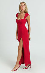 Gabrielle Midi Dress - Cap Sleeve Sweetheart Neck Bodycon Dress in Red