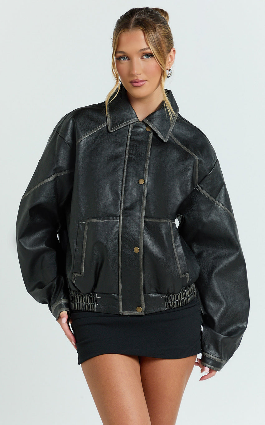 Gail Jacket - Faux Leather Bomber Jacket in Black