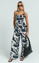 Gail Two Piece Set - Abstract Mono Print Button Down Vest and Wide Leg Pants Set in Multi