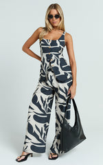 Gail Two Piece Set - Abstract Mono Print Button Down Vest and Wide Leg Pants Set in Multi
