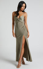 Gemalyn Midi Dress - Twist Front Thigh Split Dress in Olive