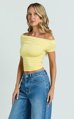 Gena Top - Off Shoulder Gathered Short Sleeve Top in Pastel Yellow