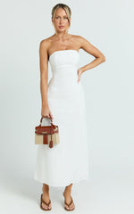 Genni Midi Dress - Strapless A Line Linen Blend Dress in White