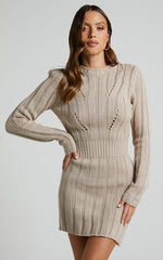 Ghamie Mini Dress - Knit Bodycon Long Sleeve Open Back Dress in Beige