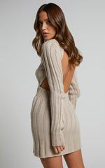 Ghamie Mini Dress - Knit Bodycon Long Sleeve Open Back Dress in Beige