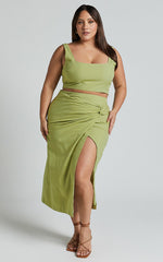 Gibson Two Piece Top and Skirt Set - Linen Crop Top and Knot Front Midi Skirt Set in Celery