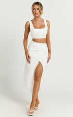 Gibson Two Piece Top and Skirt Set - Linen Crop Top and Knot Front Midi Skirt Set in White