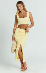 Gibson Two Piece Top and Skirt Set - Linen Crop Top and Knot Front Midi Skirt Set in Yellow