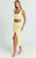 Gibson Two Piece Top and Skirt Set - Linen Crop Top and Knot Front Midi Skirt Set in Yellow