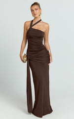 Ginny Maxi Dress - Asymmetric Neck Waist Tie Dress in Chocolate
