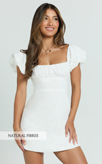 Ginny Mini Dress - Square Neck Ruched Bodice Puff Sleeve Straight Dress in White