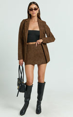 Gretchen Blazer - Slim Fitting Single Breasted Faux Suede Blazer in Brown