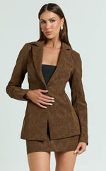 Gretchen Blazer - Slim Fitting Single Breasted Faux Suede Blazer in Brown