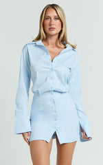 Gretel Mini Dress - Collared Button Front Relaxed Shirt Fitted Skirt Dress in Pale Blue