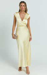 Hailey Midi Dress - Cap Sleeve V Neck Dress in Lemon