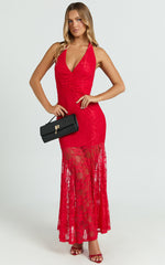 Hance Midi Dress - V-neck Lace Open Back Dress in Red