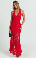 Hance Midi Dress - V-neck Lace Open Back Dress in Red