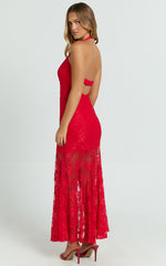 Hance Midi Dress - V-neck Lace Open Back Dress in Red