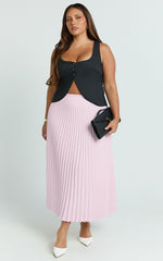 Harlee Midi Skirt - Pleated High Waist A Line Skirt in Baby Pink