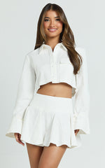 Harlow Two Piece Set - Long Sleeve Crop Shirt and Mini Skirt Set in White